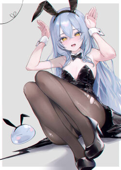1other androgynous animal_ear_hairband animal_ears bare_shoulders black_bow black_bowtie black_leotard black_pantyhose black_shoes blue_hair blush border bow bowtie detached_collar fake_animal_ears flat_chest grey_background hairband highres kinokohime leotard long_hair looking_at_viewer open_mouth pantyhose playboy_bunny rabbit_ear_hairband rabbit_ears rabbit_pose rimuru_tempest shoes slime_(creature) strapless strapless_leotard tensei_shitara_slime_datta_ken torn_clothes torn_pantyhose white_border wrist_cuffs yellow_eyes