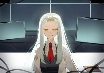 1girl absurdres angela_(project_moon) black_vest blue_hair coat collared_shirt hi_i_dubu highres lab_coat lapels light_particles lobotomy_corporation long_hair monitor notched_lapels parted_bangs parted_lips project_moon shirt sidelocks smile solo very_long_hair vest white_coat white_shirt