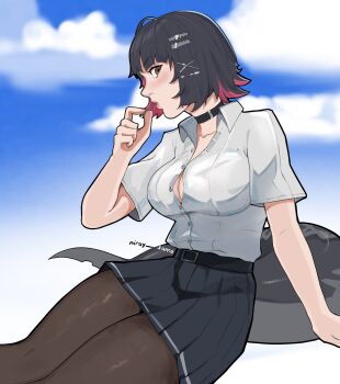 1girl artist_name belt black_belt black_hair blue_sky breasts candy cloud cloudy_sky collar collarbone colored_inner_hair commentary day ellen_joe english_commentary feet_out_of_frame fins fish_tail food hair_ornament hairpin highres holding holding_candy holding_food holding_lollipop large_breasts lollipop lollipop_in_mouth looking_at_viewer miniskirt multicolored_hair nose outdoors pantyhose pleated_skirt red_eyes shark_tail shirt shirt_tucked_in short_hair signature skirt sky solo tail uchihaniray white_shirt zenless_zone_zero