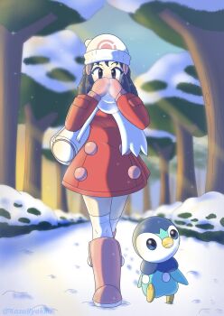 1girl absurdres artist_name bag beanie bird black_eyes black_hair blue_sky boots breath carrying_over_shoulder coat cold covering_own_mouth dawn_(pokemon) day duffel_bag forest full_body gen_4_pokemon hair_ornament hairclip hat highres kazubyakko light_rays long_hair looking_at_viewer matching_hair/eyes mittens nature nintendo outdoors over-kneehighs penguin pink_boots pink_mittens piplup poke_ball_print pokemon pokemon_(creature) pokemon_dppt pokemon_platinum red_coat scarf sidelocks size_difference sky snow sparkle thighhighs tree walking white_bag white_hat white_scarf white_thighhighs