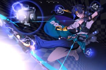 Rule 34 | 1boy, absurdres, arrow (projectile), asaba harumasa, asymmetrical gloves, black choker, black gloves, black hair, black necktie, black pants, black shoes, bow (weapon), choker, clothes around waist, collarbone, commentary, gloves, half gloves, headband, highres, looking at viewer, male focus, naru9, necktie, open mouth, pants, parted bangs, pendant choker, quiver, shirt, shoes, short hair, single half glove, solo, untranslatable commentary, uneven gloves, weapon, white shirt, yellow eyes, yellow gloves, yellow headband, yellow necktie, zenless zone zero