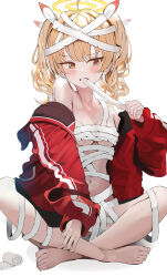 Rule 34 | 1girl, absurdres, bandages, bare legs, bare shoulders, barefoot, blonde hair, blue archive, breasts, brown eyes, budget sarashi, clenched teeth, commentary request, hair ribbon, halo, highres, indian style, jacket, long hair, long sleeves, looking to the side, mouth hold, navel, off shoulder, pjkka, red jacket, ribbon, sarashi, sitting, small breasts, solo, tears, teeth, twintails, undone sarashi, yellow halo, yoshimi (blue archive)