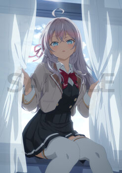 1girl ahoge alisa_mikhailovna_kujou blazer blue_eyes bow bowtie buttons classroom crossed_bangs curtains day double-breasted grey_hair grey_jacket hair_between_eyes hair_ribbon jacket lapels long_hair looking_at_viewer notched_lapels official_art open_mouth red_bow red_bowtie red_ribbon ribbon sample_watermark school_uniform seiren_academy_school_uniform skirt sky solo thighhighs tokidoki_bosotto_roshia-go_de_dereru_tonari_no_alya-san watermark zettai_ryouiki