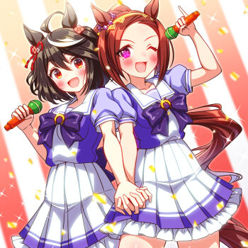Rule 34 | 2girls, ahoge, animal ears, black hair, blush, bow, bowtie, breasts, brown hair, commentary request, flower in eye, gold hairband, hair between eyes, hair ornament, hairband, highres, holding, holding hands, holding microphone, horse ears, horse girl, horse tail, kitasan black (umamusume), long hair, looking at viewer, medium breasts, microphone, multicolored hair, multiple girls, one eye closed, open mouth, pleated skirt, ponytail, puffy short sleeves, puffy sleeves, purple bow, purple bowtie, purple eyes, purple shirt, red eyes, sailor collar, sailor shirt, sakura bakushin o (umamusume), school uniform, shirt, short hair, short sleeves, skirt, smile, streaked hair, sugimotty nova, symbol in eye, tail, tracen school uniform, umamusume, white hair, white sailor collar, white skirt