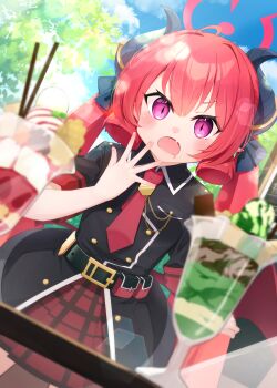 1girl absurdres ahoge belt black_belt black_jacket blue_archive blue_sky blunt_ends blurry blurry_foreground blush cloud collared_jacket commentary day depth_of_field drooling dutch_angle fang food hair_between_eyes halo hand_up highres horns hot_kakigoori jacket junko_(blue_archive) long_hair mouth_drool necktie open_mouth outdoors parfait plaid_clothes plaid_skirt pleated_skirt purple_eyes red_hair red_necktie red_skirt short_sleeves skirt sky solo twintails very_long_hair