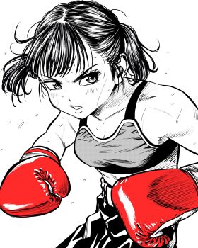 Rule 34 | 1girl, boxing, boxing gloves, boxing shorts, breasts, commentary request, flying sweatdrops, gloves, greyscale, hatching (texture), highres, lee (dragon garou), midriff, monochrome, motion lines, original, red gloves, serious, short twintails, shorts, small breasts, solo, sports bra, spot color, sweat, twintails, upper body, v-shaped eyebrows, very sweaty