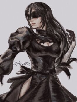 1girl 2b_(nier:automata) 2b_(nier:automata)_(cosplay) black_dress black_gloves black_hair blindfold breasts cleavage cleavage_cutout closed_mouth clothing_cutout commentary company_connection cosplay cowboy_shot dress earrings facing_to_the_side final_fantasy final_fantasy_vii final_fantasy_vii:_ever_crisis gloves grey_background highres jewelry juliet_sleeves large_breasts lips long_hair long_sleeves nier:automata nier_(series) official_alternate_costume pink_lips puffy_sleeves side_slit single_earring solo tifa_lockhart turtleneck turtleneck_dress twitter_username vforvielka