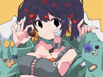 1girl 3774. animal_collar aqua_coat badge bare_shoulders black_eyes black_hair bra breasts button_badge chocolate choker closed_mouth coat collar cross-laced_bra ear_piercing expressionless fingernails food fur-trimmed_hood fur_trim grey_bra grey_choker hair_ornament hairclip hairpin hands_up highres holding holding_food hood hood_down hooded_coat lightning_bolt lightning_bolt_hair_ornament lightning_bolt_symbol long_fingernails long_sleeves looking_at_viewer nail_polish no_nose open_clothes open_coat original piercing pinching_sleeves red_nails short_hair sideboob single_strap small_breasts solo twintails underwear upper_body yellow_background