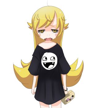 1girl ahoge bakemonogatari black_shirt blonde_hair blush_stickers box bracelet collarbone cowboy_shot donut fangs food half-closed_eyes holding holding_box jewelry long_hair looking_at_viewer loose_clothes monogatari_(series) naked_shirt open_mouth oshino_shinobu pastry_box pierorogi raised_eyebrows shirt simple_background skin_fangs solo spiked_hair straight-on swept_bangs t-shirt white_background yellow_eyes