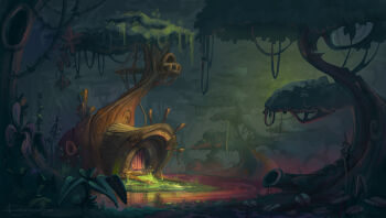 absurdres architecture commentary emilie_vaccarini english_commentary fantasy forest highres jungle nature night no_humans original outdoors river scenery tree watermark