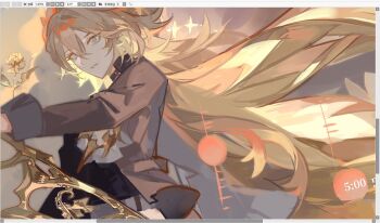 1boy black_shirt blonde_hair brown_jacket collared_shirt hair_between_eyes highres holding holding_weapon jacket liulianjingrua long_hair long_sleeves male_focus original parted_lips shirt solo weapon yellow_eyes