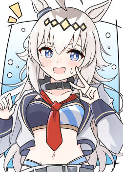1girl absurdres ahoge animal_ears arnolddayo bandeau black_choker blue_eyes blush breasts choker collarbone ear_ornament grey_hair hair_between_eyes hair_ornament hairband highres horse_ears horse_girl jacket long_hair long_sleeves looking_at_viewer multicolored_hair navel necktie oguri_cap_(umamusume) open_clothes open_jacket open_mouth panties pantyshot red_necktie smile solo stomach sweatdrop umamusume umamusume:_cinderella_gray underwear upper_body v white_jacket