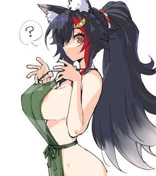 ? animal_ear_fluff animal_ears apron areola_slip black_hair breasts henriiku_(ahemaru) highres hololive large_breasts looking_at_viewer multicolored_hair naked_apron ookami_mio ponytail red_hair sideboob simple_background streaked_hair virtual_youtuber white_background wolf wolf_ears wolf_girl yellow_eyes
