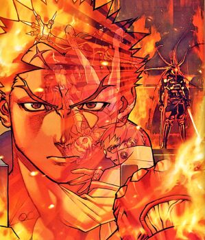 Rule 34 | 2boys, armor, claws, closed mouth, demon hyo, edaki shin'ya, fire, full armor, ichimonji batsu, imawano hyo, justice gakuen, kagami kyosuke, kirishima kurow, looking at viewer, male focus, moero! justice gakuen, multiple boys, official art, roy bromwell, standing, tiffany lords, upper body, wakaba hinata