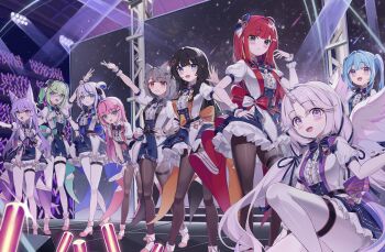 Rule 34 | 6+girls, absurdres, ahoge, akane lize, animal ear fluff, animal ears, aokumo rin, arahashi tabi, ayatsuno yuni, back bow, black hair, black pantyhose, blue bow, blue bowtie, blue eyes, blue hair, blue skirt, blush, bow, bowtie, braid, cat ears, center frills, cone hair bun, double bun, fang, frilled skirt, frills, glowstick, green bow, green bowtie, green eyes, green hair, grey eyes, hair bun, hair ornament, hair ribbon, hair rings, hairclip, hanako nana, heart, heart hair ornament, heterochromia, highres, idol, idol clothes, long hair, mole, mole under eye, multicolored hair, multiple girls, neneko mashiro, open mouth, orange bow, orange bowtie, pantyhose, pink bow, pink bowtie, puffy short sleeves, puffy sleeves, purple bow, purple bowtie, purple eyes, purple hair, red bow, red bowtie, red hair, ribbon, rlawoals2588, screen, shirayuki hina, shirt, shoes, short hair, short sleeves, side ponytail, skin fang, skirt, stage, stage lights, stellive, streaked hair, tenko shibuki, thigh strap, twintails, virtual youtuber, white hair, white shirt, white shoes, white wrist cuffs, wings, wrist cuffs, x hair ornament, yellow eyes, yuzuha riko