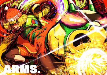 1girl absurdres arms_(game) beanie blonde_hair blunt_bangs bob_cut domino_mask dragon_(arms) extendable_limbs eye_mask fire green_eyes hat highres ichigain leggings leggings_under_shorts mask min_min_(arms) open_mouth orange_shorts ramram_(arms) short_hair shorts solo