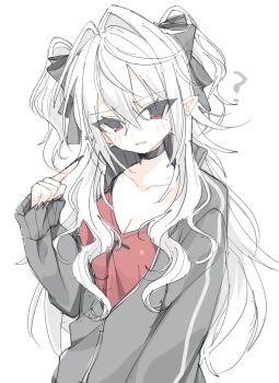 Rule 34 | 1girl, ?, black choker, black jacket, black ribbon, blush, breasts, choker, cleavage, collarbone, cowboy shot, cross, cross print, ear piercing, fang, fingernails, furrowed brow, genderswap, genderswap (mtf), hair between eyes, hair intakes, hair ribbon, hand up, highres, index finger raised, jacket, kuzuha (nijisanji), large breasts, long fingernails, long hair, long sleeves, looking at viewer, mole, mole under eye, nail polish, nijisanji, parted lips, partially unzipped, piercing, pointy ears, red eyes, red nails, red shirt, ribbon, sanya (2nd costume) (kuzuha), sanya (kuzuha), sentouryoku 5, shirt, sidelocks, simple background, sleeves past wrists, solo, standing, track jacket, two side up, v-neck, virtual youtuber, wavy hair, white background, white hair