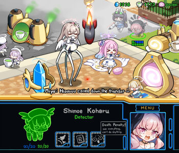 >_< <|>_<|> 6+girls black_hair black_hat black_wings blonde_hair blue_archive blue_halo bolt_action bomb brown_hair chair closed_eyes cup drinking english_text explosive fake_screenshot feathered_wings flying gradient_hair gradient_halo grey_hair grey_halo gun hair_bun halo hat head_wings health_bar highres hm_(hmongt) holding holding_cup holding_gun holding_weapon implied_invisibility koharu_(blue_archive) leaf leaf_on_head long_hair low_wings mika_(blue_archive) miyu_(blue_archive) mosin-nagant multicolored_hair multicolored_halo multiple_girls nagisa_(blue_archive) on_chair parody pink_eyes pink_hair pink_halo pyroxene_(blue_archive) red_eyes red_halo rifle single_side_bun sitting starcraft tea_party_militant_(blue_archive) teacup trinity_student_(blue_archive) user_interface very_long_hair weapon white_halo white_wings wing_ornament winged_halo winged_hat wings