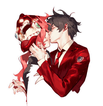 2others amano_meme brown_hair collared_shirt e.g.o_(project_moon) employee_(project_moon) extra_eyes extra_mouth eyeball jacket lobotomy_corporation mimicry_(e.g.o) multiple_others necktie nothing_there nugget_(project_moon) parted_lips project_moon red_jacket red_necktie shirt simple_background upper_body white_background white_shirt