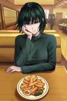 1boy 1girl abs absurdres black_pants black_shirt bob_cut breasts chair collarbone facing_ahead facing_viewer food french_fries fubuki_(one-punch_man) garou_(one-punch_man) garou_sliding_(meme) green_eyes green_hair green_shirt hair_between_eyes hand_in_pocket hand_on_own_chin highres indoors large_breasts long_sleeves looking_ahead looking_at_viewer mature_female meme muscular muscular_male one-punch_man orange_hair pants parted_bangs plate restaurant sachihiro sauce see-through_clothes see-through_shirt shirt short_hair sidelocks sitting skin_tight smile solo_focus spiked_hair table tomato_sauce turtleneck turtleneck_shirt window