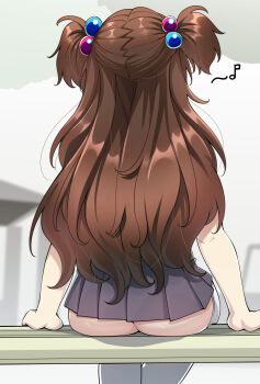 1girl ass brown_hair commentary daughter_(konoshige) dildo_reveal facing_away from_behind hair_bobbles hair_ornament highres konoshige_(ryuun) loli long_hair miniskirt musical_note original pleated_skirt shirt sitting skirt soles solo spoken_musical_note thighhighs two_side_up underwear