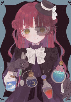 1girl black_bow black_dress black_gloves black_hat black_veil blue_border border bottle bow bowtie closed_mouth commentary_request curusucururi double_bun dress flask gloves gothic_lolita hair_bun hand_up hat hat_bow hat_ribbon high_collar highres holding holding_vial lace lace_gloves lolita_fashion long_hair looking_at_viewer mini_hat original outside_border perfume_bottle puritan_collar red_hair ribbon smile sparkle star_(sky) starry_sky_background upper_body veil vial white_bow white_bowtie white_ribbon yellow_eyes