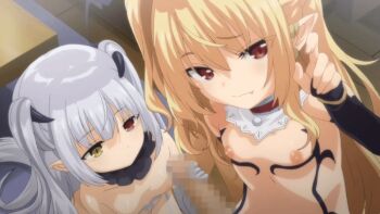 1boy 2022 20s 2girls animated animated_gif anime_screenshot bare_shoulders black_gloves black_thighhighs blonde_hair boku_wa_chiisana_succubus_no_shimobe breasts censored chloe_lilith_stella demon_girl elbow_gloves fang girl_on_top gloves handjob heterochromia inverted_nipples kiss_kiss_drain loli long_hair long_sleeves lowres mosaic_censoring multiple_girls navel nipples penis pointy_ears red_eyes shimaidon_(sex) shirt siblings sisters small_breasts solo spread_legs straddling tagme teamwork teamwork_(sexual) thighhighs thighs tiffany_lilith_stella twintails vaginal white_gloves white_hair white_shirt yellow_eyes