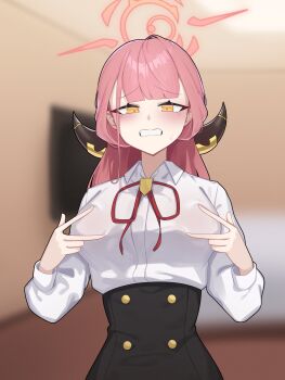 1girl aru_(blue_archive) blue_archive blunt_bangs breasts demon_horns halo high-waist_skirt highres horns large_breasts long_hair red_hair skirt spread_nipple yellow_eyes yzr_(yzr99)