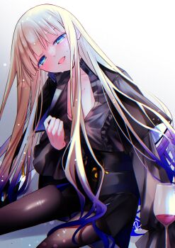 1boy absurdres black_pantyhose black_shirt black_shorts blonde_hair blue_eyes blush cup drinking_glass drunk fate/grand_order fate_(series) gradient_hair head_tilt high-waist_shorts highres long_hair looking_at_viewer male_focus multicolored_hair noah_(second_ascension)_(fate/grand_order) open_mouth pantyhose punta shirt shorts simple_background sitting smile solo trap unbuttoned unbuttoned_shirt very_long_hair white_background wine_glass