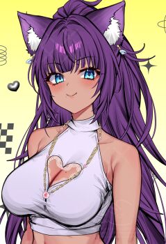 1girl animal_ear_fluff animal_ears blue_eyes breasts cat_ears cha_cha_(vtuber) cleavage cleavage_cutout closed_mouth clothing_cutout cropped_shirt earrings emu_(confisery) heart heart_cutout highres indie_virtual_youtuber jewelry long_hair mole mole_on_breast mole_under_mouth necklace purple_hair shirt sleeveless sleeveless_shirt smile solo tan upper_body watermark white_shirt yellow_background