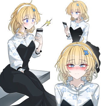 1girl absurdres alternate_costume alternate_hair_length alternate_hairstyle black_dress blonde_hair blue_eyes blush breasts cellphone closed_mouth commentary dress hair_ornament hairband highres holding holding_phone long_sleeves looking_at_phone looking_at_viewer medium_breasts medium_hair multiple_views nort_muhehehe phoebe_(wuthering_waves) phone shirt simple_background smartphone white_background white_hairband white_shirt wuthering_waves x_hair_ornament