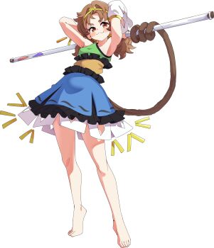 Rule 34 | 1girl, :3, absurdres, arms up, baba (baba seimaijo), barefoot, blue dress, blush, brown hair, circlet, commentary request, detached sleeves, dress, full body, gold circlet, green dress, highres, long hair, looking at viewer, low twintails, monkey girl, monkey tail, multicolored dress, red eyes, ruyi jingu bang, simple background, single-shoulder dress, single detached sleeve, smile, solo, son biten, tail, toes, touhou, twintails, white background, yellow dress