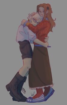 Rule 34 | 2girls, black-framed eyewear, black boots, black shorts, blue eyes, blue shoes, boots, bow, brown skirt, closed mouth, commentary, diana (kyokugen dasshutsu), english commentary, fingernails, flower, footwear bow, freckles, full body, glasses, grey background, hair flower, hair ornament, hand on another's head, high-waist shorts, highres, hug, kyokugen dasshutsu, long hair, long sleeves, mismatched eyebrows, multiple girls, no sclera, orange hair, pantyhose, pelmendraws, phi (kyokugen dasshutsu), red pantyhose, red sweater, shirt, shoelaces, shoes, short hair, shorts, signature, simple background, skirt, sweater, very short hair, white hair, white shirt, zero escape: toki no dilemma