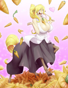 10s 1girl animal_ears bare_shoulders between_breasts blonde_hair blue_eyes breasts carrot centaur centorea_shianus cleavage female_focus heart heart-shaped_pupils horse_ears horse_tail huge_breasts long_hair long_skirt materclaws monster_girl monster_musume_no_iru_nichijou object_between_breasts open_mouth ponytail purple_eyes rain skirt solo symbol-shaped_pupils tail taur too_many