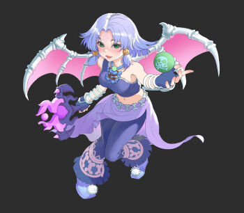 1girl black_background blue_gloves blue_hair blue_pants blush bone breasts fingerless_gloves floating floating_object gloves green_eyes highres holding holding_scepter jewelry light_blue_hair looking_at_viewer medium_breasts midriff navel necklace object_floating_above_hand open_mouth orb overskirt pants pointy_shoes pom_pom_(clothes) reaching reaching_towards_viewer scepter shoes short_hair simple_background single_strap skeletal_wings skull_and_crossbones smile two_side_up wedee wings