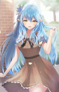 1girl absurdres blue_hair blurry blurry_background blush braid brown_dress collarbone commentary_request dress elf falling_petals flower hair_between_eyes hair_flower hair_ornament highres holding holding_own_hair hololive jewelry long_hair looking_at_viewer necklace open_mouth petals pointy_ears puffy_short_sleeves puffy_sleeves short_sleeves side_braid smile solo ushi_miruki very_long_hair white_flower yukihana_lamy