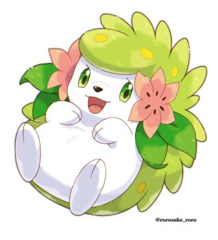 Rule 34 | animal focus, commentary request, flower, full body, gen 4 pokemon, green eyes, hedgehog, highres, legendary pokemon, mixed-language commentary, mythical pokemon, nintendo, no humans, open mouth, pokemon, pokemon (creature), pokemon focus, rorosuke, shaymin, shaymin (land), simple background, smile, solo, twitter username, white background