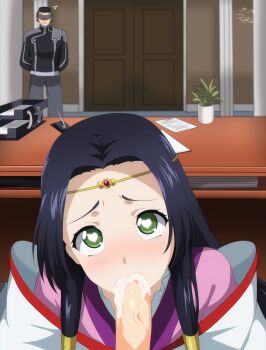 1girl 2boys absurdres arms_behind_back artist_logo artist_name black_hair blush circlet code_geass commentary cum cum_in_mouth desk door english_commentary erection fellatio furrowed_brow green_eyes hair_tubes heart heart-shaped_pupils hetero highres indoors japanese_clothes kimono logo long_hair looking_at_viewer low-tied_sidelocks multiple_boys notice_lines oral paper parted_lips penis pink_kimono plant potted_plant pov pov_crotch rikka_(rikkaarts) sidelocks standing sumeragi_kaguya symbol-shaped_pupils uncensored upper_body watermark