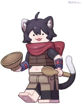 Rule 34 | 1girl, animal ear fluff, animal ears, artist name, black hair, bowl, cat ears, cat girl, cat tail, dungeon meshi, full body, highres, holding, holding bowl, holding spoon, izutsumi, kimchunsik, lego, lego minifig, midriff, navel, red scarf, scarf, short hair, shorts, simple background, smile, solo, spoon, tail, walking, white background