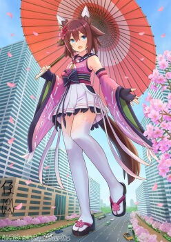 1girl :d animal_ears bare_shoulders black_bow black_gloves black_sandals blue_eyes blue_sky bow branch brown_hair building car clothing_cutout cloud commentary_request day detached_sleeves fingerless_gloves flower giant giantess gloves hair_between_eyes hair_flaps hair_flower hair_ornament highres hip_vent holding holding_umbrella horse_ears horse_girl horse_tail iroha_(iroha_matsurika) japanese_clothes kimono long_sleeves looking_at_viewer motor_vehicle obi oil-paper_umbrella open_mouth outdoors petals pink_flower pink_kimono pink_sleeves pleated_skirt red_flower red_umbrella road sakura_chiyono_o_(hinoshita_kaisan_hana_akari)_(umamusume) sakura_chiyono_o_(umamusume) sandals sash skirt sky skyscraper sleeveless sleeveless_kimono smile solo tail thighhighs truck twitter_username umamusume umbrella walking white_skirt white_thighhighs wide_sleeves zouri