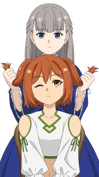 2girls anime_coloring blue_dress blue_eyes blunt_bangs braid dress grabbing_another&#039;s_hair grey_hair highres holding_another&#039;s_hair kanne_(sousou_no_frieren) lawine_(sousou_no_frieren) long_hair long_sleeves midriff multiple_girls namagaki-san navel official_style one_eye_closed orange_hair short_hair simple_background sousou_no_frieren twintails white_background