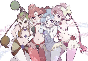 1990s_(style) 4girls bad_id bad_pixiv_id bindi bishoujo_senshi_sailor_moon bishoujo_senshi_sailor_moon_supers blue_eyes blue_hair blue_legwear bow bracelet breasts cerecere_(sailor_moon) chicchi_(hrpr) earrings facial_mark flower forehead_mark green_eyes green_hair hair_bun hair_ribbon jewelry junjun_(sailor_moon) leggings leotard medium_breasts midriff multiple_girls muted_color navel pallapalla_(sailor_moon) pantyhose pink_hair pink_legwear purple_eyes red_eyes red_flower red_hair red_legwear red_rose retro_artstyle ribbon rose short_hair single_hair_bun skirt small_breasts vesves_(sailor_moon) white_background