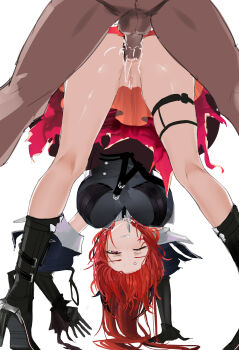 1boy 1girl absurdres anal anger_vein arknights arknights:_endfield ass black_boots black_dress black_gloves black_horns boots breasts clothed_female_nude_male commentary_request covered_erect_nipples cum cum_in_ass dress gloves hetero high_heel_boots high_heels highres horns kneepits laevatein_(arknights) large_breasts long_hair looking_at_viewer mikuning nude out_of_frame paid_reward_available pussy red_hair sex sex_from_behind simple_background solo_focus surtr_(arknights) top-down_bottom-up underwear variant_set white_background wince