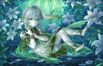 1girl bare_shoulders bloomers bracelet cape commentary detached_sleeves dress english_commentary from_side full_body genshin_impact gradient_hair green_cape green_eyes green_hair green_sleeves hair_between_eyes hair_ornament hands_up helen_zzhao highres jewelry leaf_hair_ornament long_hair multicolored_hair nahida_(genshin_impact) parted_lips pointy_ears side_ponytail sitting sleeveless sleeveless_dress solo star-shaped_pupils star_(symbol) stirrup_legwear symbol-shaped_pupils toeless_legwear toenails underwear white_bloomers white_dress white_hair