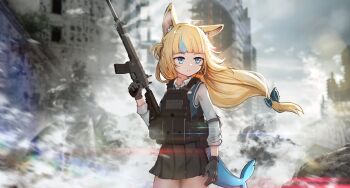 Rule 34 | 1girl, absurdres, advarcher, animal ears, assault rifle, black gloves, black skirt, blonde hair, blue eyes, blue streaks, blunt bangs, cat ears, fins, fish girl, fish tail, floating hair, gloves, gun, highres, holding, holding gun, holding weapon, indie virtual youtuber, long hair, looking at viewer, one side up, ponytail, rifle, sameko saba, skirt, tail, very long hair, virtual youtuber, weapon