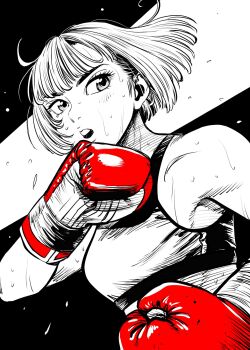 Rule 34 | 1girl, bob cut, boxing, boxing gloves, breasts, commentary request, dutch angle, flying sweatdrops, gloves, hatching (texture), highres, lee (dragon garou), linear hatching, medium breasts, midriff, monochrome, open mouth, original, red gloves, short hair, solo, sports bra, spot color, sweat, upper body, very sweaty