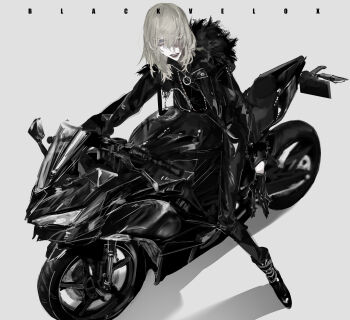 1boy absurdres artist_name belt black_belt black_boots black_gloves black_jacket black_pants blackvelox blonde_hair boots death_note facial_scar full_body fur-trimmed_jacket fur_trim gloves hair_between_eyes hashtag-only_commentary highres jacket kawasaki_(company) male_focus medium_hair mello_(death_note) motor_vehicle motorcycle on_motorcycle pants parted_lips scar scar_across_eye scar_on_cheek scar_on_face solo zipper_pull_tab