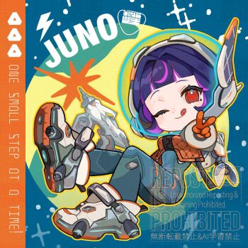 Rule 34 | 1girl, :p, blue bodysuit, bodysuit, breasts, character name, commentary, gloves, helmet, highres, jacket, juno (overwatch), looking at viewer, multicolored hair, one eye closed, orange jacket, overwatch, pink hair, purple hair, short hair, smile, solo, space helmet, symbol-only commentary, tongue, tongue out, tsunami (hagoromo27)