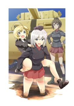 Rule 34 | 3girls, black jacket, blonde hair, brown hair, carrying, commentary request, crossover, erica hartmann, garrison cap, girls und panzer, grabbing another's thighs, grey hair, hands on own hips, hat, highres, itsumi erika, jacket, kuromorimine military uniform, light smile, long hair, looking at another, looking back, military vehicle, miniskirt, motor vehicle, mud, multiple girls, name connection, nishizumi maho, noah (0bp3292), piggyback, red skirt, short hair, skirt, smile, standing, strike witches, tank, tiger i, world witches series