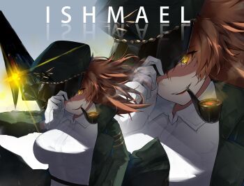 1girl absurdres adjusting_clothes adjusting_headwear collared_shirt freckles gloves green_hat green_jacket grin harpoon hat highres ishmael_(project_moon) jacket lapels limbus_company long_hair looking_at_viewer military_hat notched_lapels orange_eyes orange_hair pequod_(identity)_(project_moon) project_moon shirt smile smoke smoking_pipe solo white_gloves white_shirt zzzai